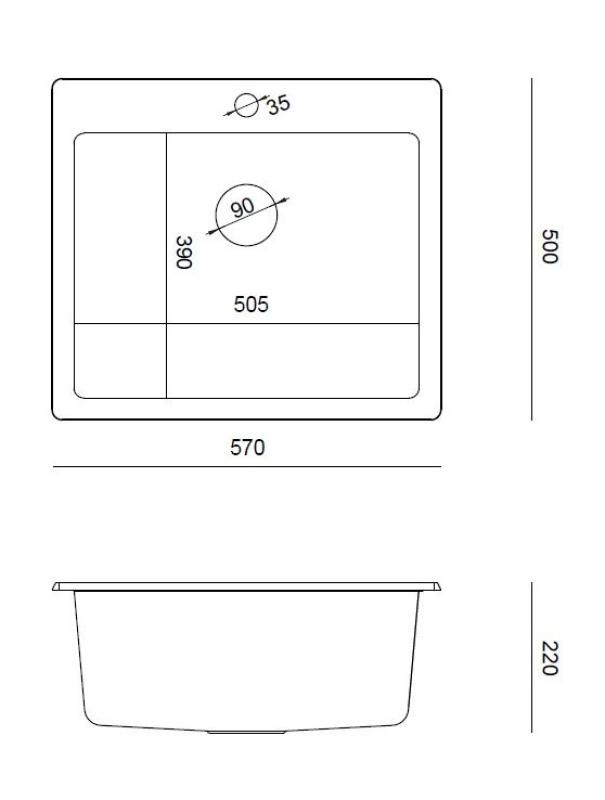 Quadri Sheffield Antrasiitti Graniitti Päälle asennettava tai Tasoon upotettava Allas 57x50 cm Hana-alueella ja RST Tulpalla - 1208967811