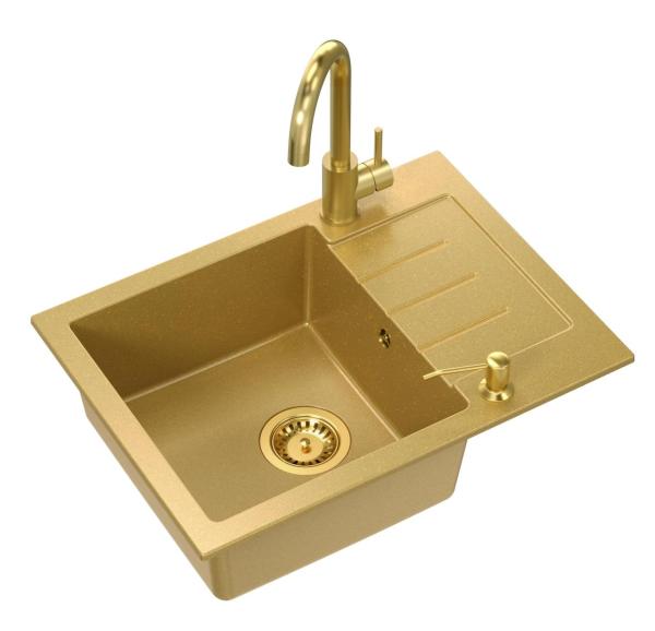 Quadri Kendal Set met Keukenkraan, Vloeistofdispenser en Granieten Goudkleurige Spoelbak 60x44 cm met Afdruipgedeelte en Gouden plug en Overloop- 1208967842