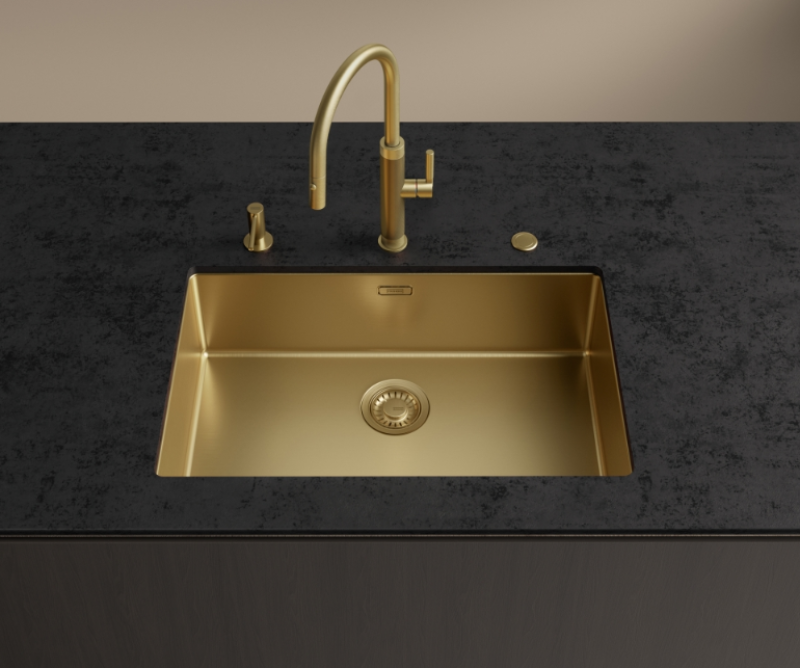 Franke Mythos Masterpiece Keittiöhana Kulta J-mallin juoksuputkella ja ulosvedettävällä suihkupäällä - 115.0711.558