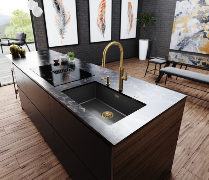 Franke Mythos Masterpiece Keittiöhana Kulta J-mallin juoksuputkella ja ulosvedettävällä suihkupäällä - 115.0711.558