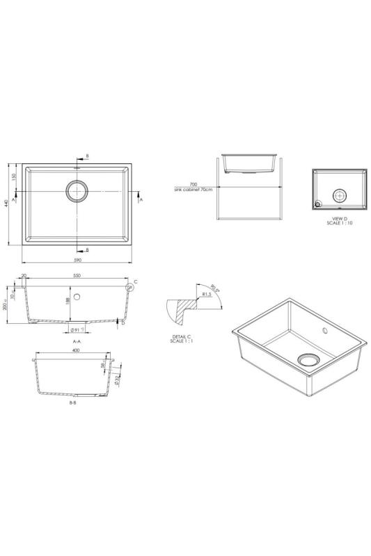 GraniteMy Universal Graniitti Valkoinen Pesuallas 55x40 cm päältä asennettava, alta asennettava ja tasoon upotettava gun metal -tulpalla - 1208967933