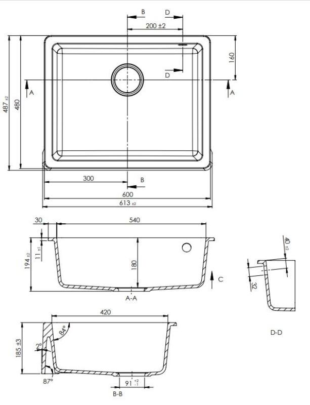 GraniteMy Tradition Maalaistyylinen Pesuallas Graniittinen Allas 60x48 cm Musta Alakaappi- ja Tasoon Asennettava Kuparisella Tulppalla 1208967937