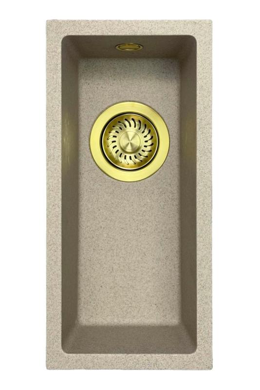 GraniteMy Universal graniitti beige hiekka pieni pesuallas 17x40 cm pintaan asennettava, altaan alapuolelle asennettava ja tasoon upotettava, kultaisella tulppalla 1208968003