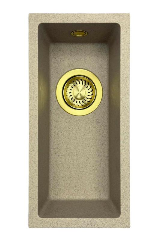 GraniteMy Universal graniitti beige hiekka pieni pesuallas 17x40 cm pintaan asennettava, altaan alapuolelle asennettava ja tasoon upotettava, kultaisella tulppalla 1208968003