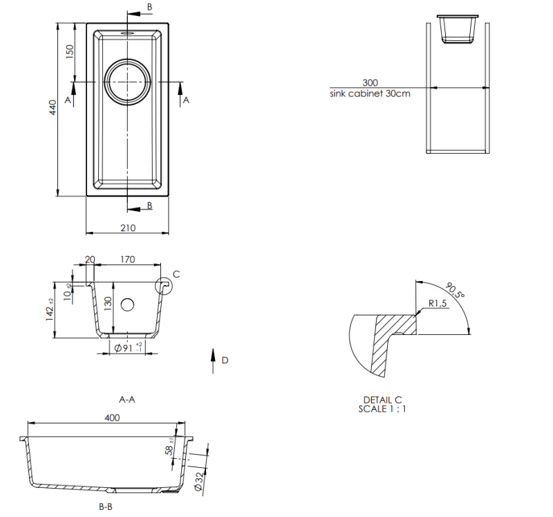 GraniteMy Universal graniitti beige hiekka pieni pesuallas 17x40 cm päällirakenne, alusrakenne ja tasorakenne, gun metal tulppa 1208968006