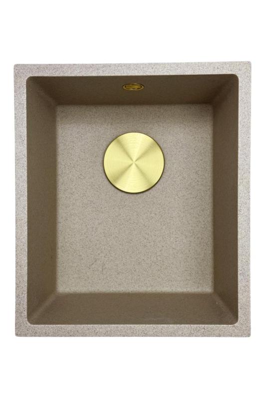 GraniteMy Universele granieten beige zand spoelbak  34x40 cm opbouw onderbouw en vlakbouw met gouden plug 1208968008