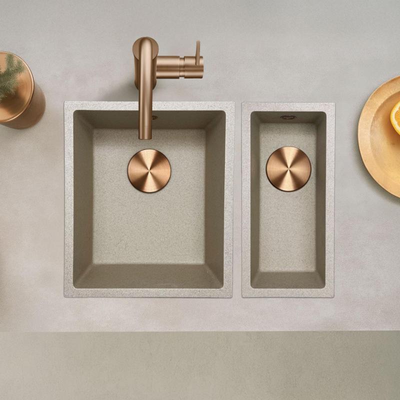 GraniteMy Universal graniitin beige hiekan värinen pesuallas 34x40 cm päällisasennus, alapuolinen asennus ja tasoasennus kuparisella tulpan kanssa 1208968009