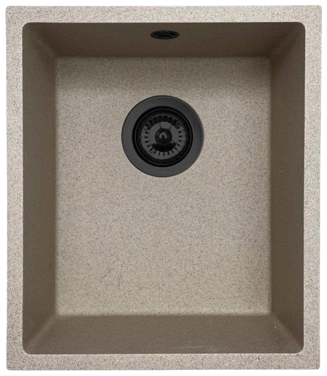 GraniteMy Universal graniittinen beige hiekkapohjainen pesuallas 34x40 cm päällis-, alis- ja tasoasennus mustalla tulppalla 1208968010 - Productafbeelding