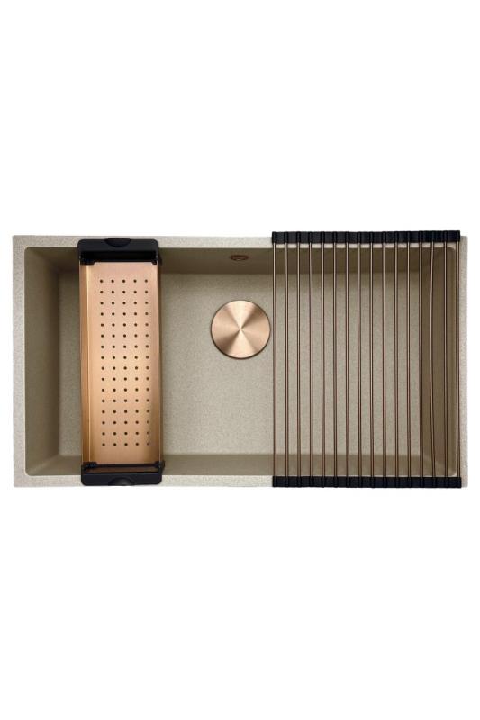 GraniteMy Universal graniittinen beige hiekkainen pesuallas 74x40 cm, pinta-asennus, alakaappiasennus ja tasoasennus, kuparitulppa 1208968019