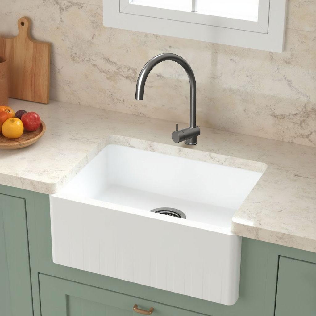 GraniteMy Tradition Maalaismainen Pesuallas - 2-Puolinen Graniitti Allas 60x48 cm Valkoinen alapuolelle asennettava Gun metal -tulppa 1208968028 - Productafbeelding 3