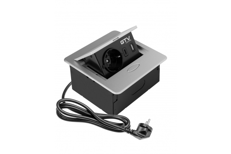 AVARO Upotettava Huonekalupistorasia, 1x Schuko-pistorasia, USB A+C, 1.5m Kaapeli, Hopea