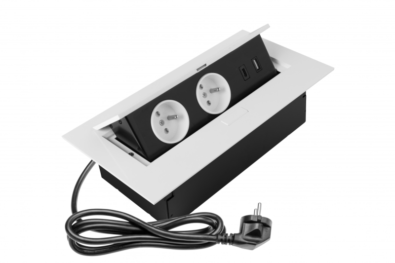 Huonekalupistorasia 2x schuko-pistorasia, USB A + C, ilman kaapelia, valkoinen