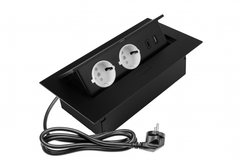 Huonekalupistorasia 2x schuko-pistorasia, USB A+C, ilman kaapelia, musta