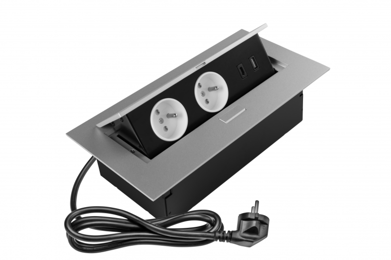 Huonekalupistorasia 2x pistoke maadoituksella, USB A+C, virtajohto pistokkeella, alu