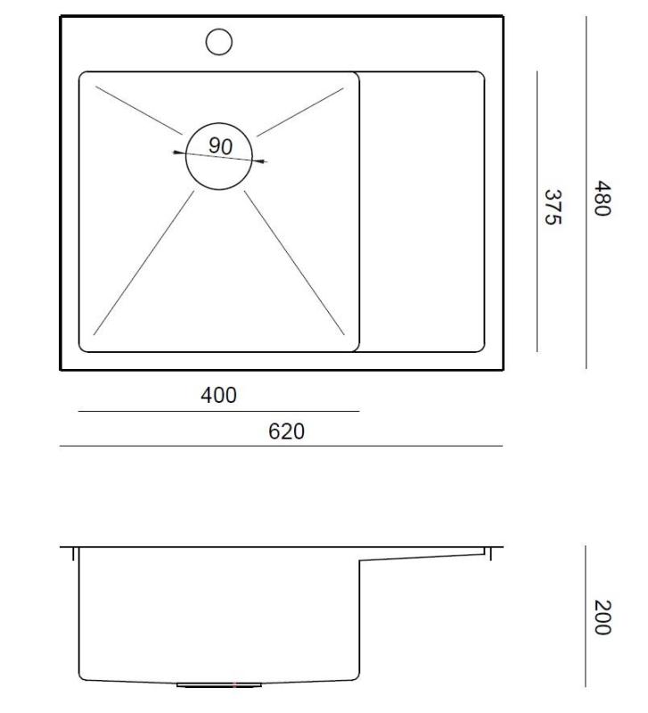 Aquadesign Clara Pesuallas Ruostumaton Teräs vasemmalla Puoleisella Kulholla 62x48cm Pinta-asennus tai Tasoon Asennettava Valutusritilä, Hanareikälevy ja Ruostumaton Teräs Tulpalla - 12089695