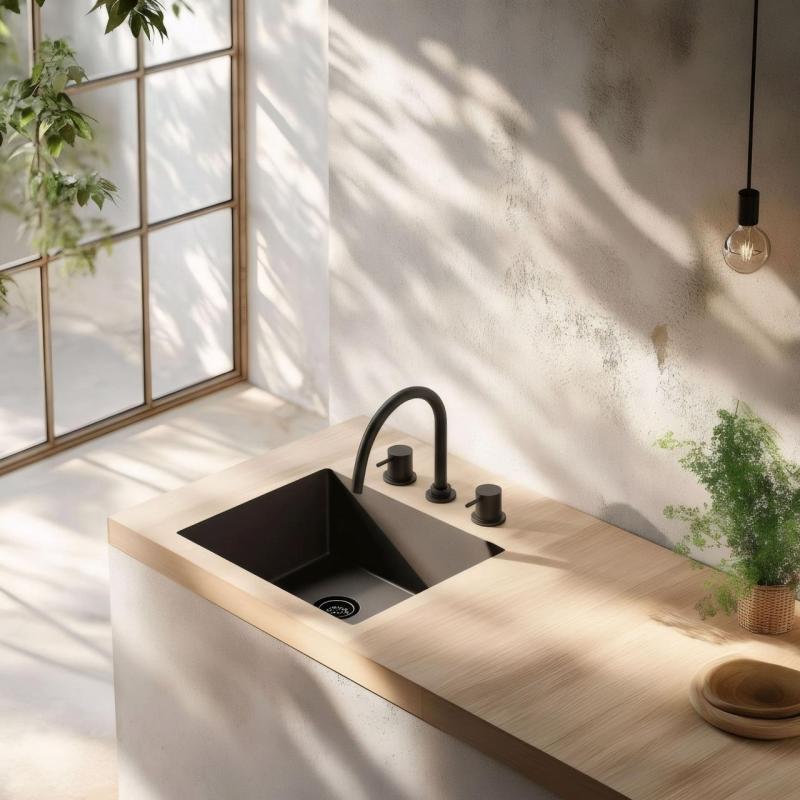 Waterevolution Flow 3-reikäinen keittiöhana kääntyvällä juoksuputkella ja suodatetun veden liitännällä musta T152UPR