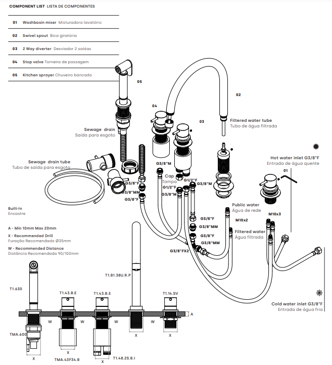 Waterevolution Flow 5-reikäinen keittiöhana ulosvedettävällä suuttimella ja suodatetun veden liitännällä, messinki T154ULE