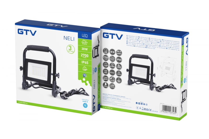 NELI Kannettava Valonheitin, LED, 30W, 2700lm, 6400K, AC220-240V, IP65, 1.5m kaapeli