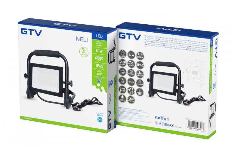 NELI Kannettava Valonheitin, LED, 50W, 4500lm, 6400K, AC220-240V, IP65, 1,5m kaapeli