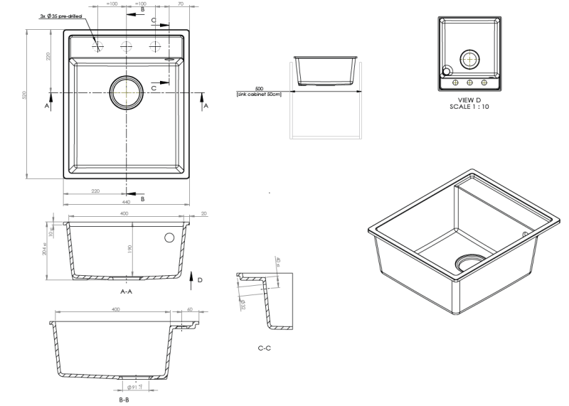 GraniittiMy Bremen Graniittiallas 44x52 cm Musta – Päälle asennettava, Alapuolinen ja Tasoon upotettava hanareunalla ja ruostumattomasta teräksestä valmistetulla pohjatulpalla 1208969991