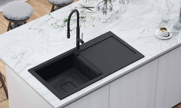 GraniittiMy Zafiri Musta Graniittinen Pöytätason Päällinen Pesuallas 97x50 cm Valumisalueella, Käännettävä, Mustalla Neliönmuotoisella Viemärikannella 1208969997 - Productafbeelding 3