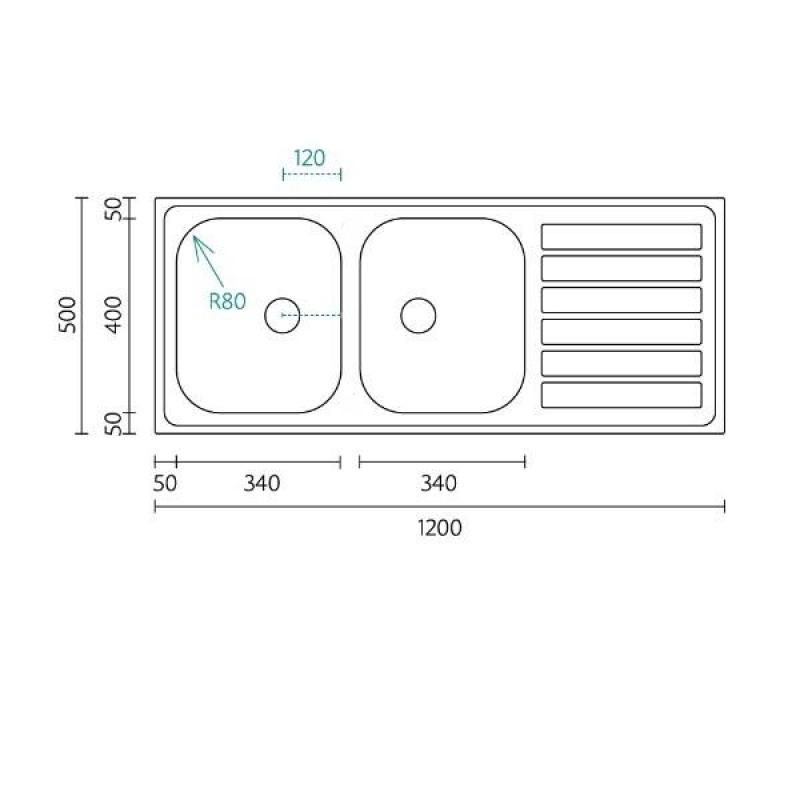 Banka Centurio 120 ruostumattomasta teräksestä valmistettu kaksinkertainen uppoallas, päällirakenne 120x50 cm kuivausosalla 1208970029.