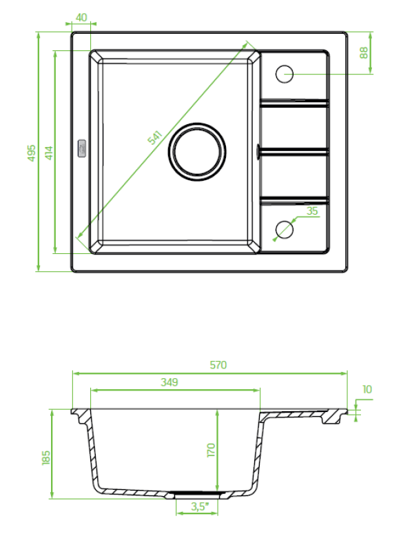 Aquadesign Somerset Graniitti Pöytätason Päällinen Pesuallas Antrasiitti pienellä Kuivausalueella 570 x 495 mm 1208970084