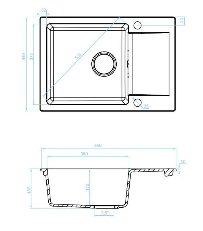 Aquadesign Kensley Set - Harmaa graniittinen päälle asennettava pesuallas pienellä valutustasolla ja keittiöhana, 65 x 44 cm 1208970086