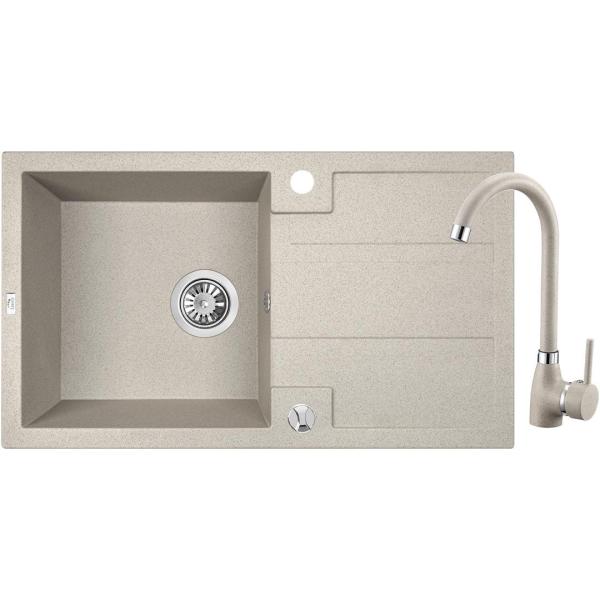 Aquadesign Hartwell Set - Graniittinen Päälleasennettava Allas Beige Hiekka Valutusosalla ja Keittiöhana, 76 x 44 cm - 1208970088