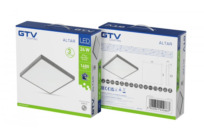 ALTAR LED -kattolamppu, 295x295mm, 4000K, 24W, 1680lm, AC180-250V, 50/60 Hz, PF>0.5, IP54, harmaa, 3 vuoden takuu