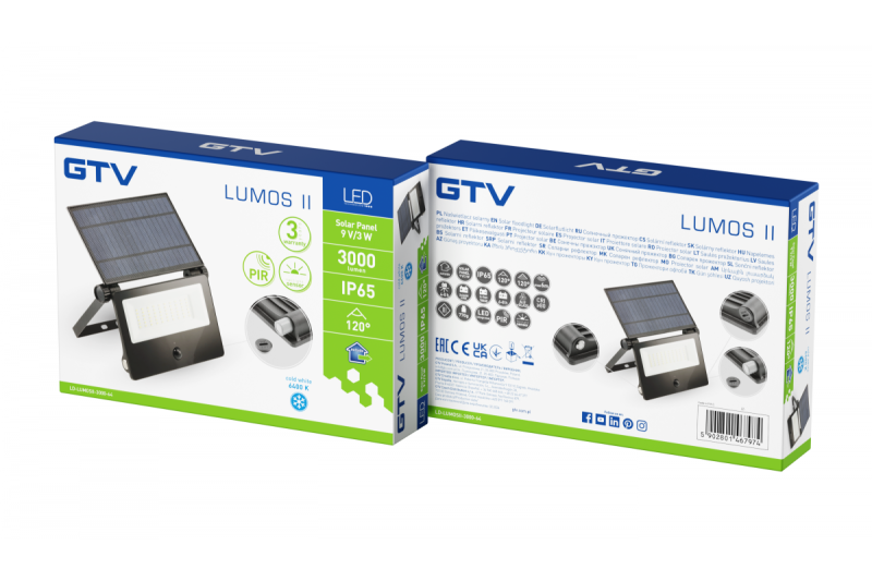 Auringontulva-valo LUMOS II, LED, 3000lm, 6400K, 2x2600mAh vaihdettava, IP65, musta