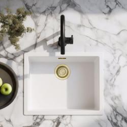 Valkoinen pesuallas 50x40 cm alapuoli, päälle asennus ja tasoon upotus kultaisella tulppa 1208970532