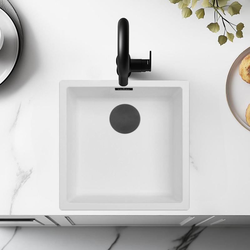 White Sink 40x40 cm Undermount, Countertop, and Flush Mount with Matte Black Plug 1208970535