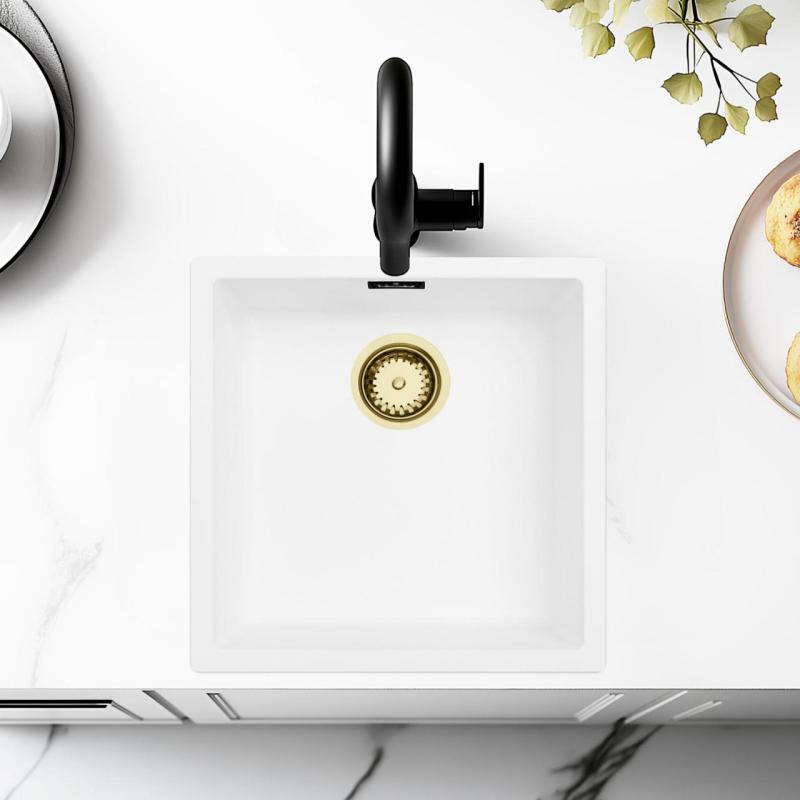 White Sink 40x40 cm Undermount, Countertop and Flush Mount with Gold Drain Plug 1208970537