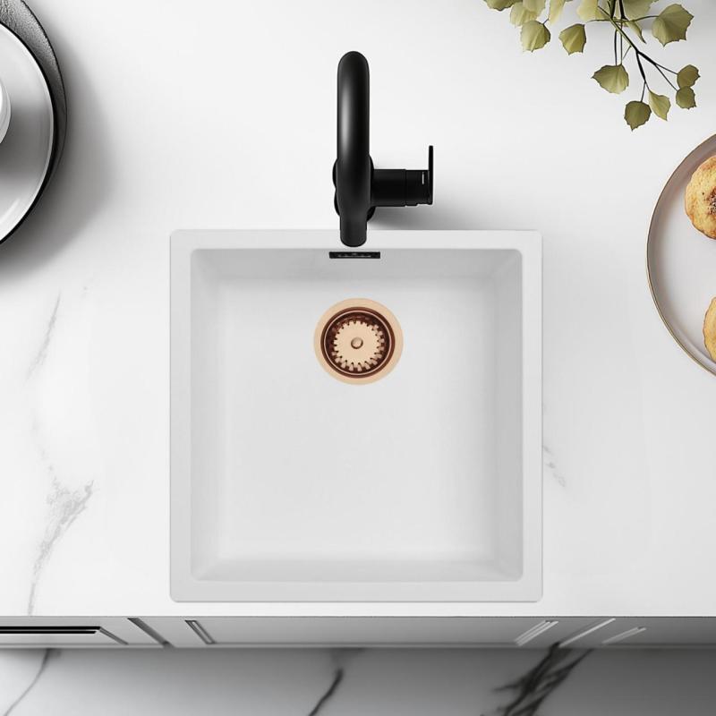 Valkoinen Pesuallas 40x40 cm Alakaappi, Yläkaappi ja Tasoon Upotus Kuparitulppa 1208970538