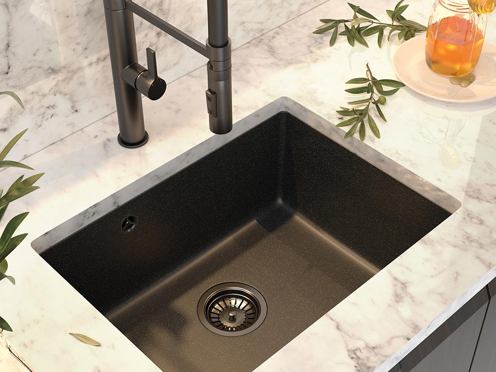 Graniteland Solo Graniitti musta kalksteen altaan upotettava 42x34 cm ruostumattomasta teräksestä valmistetulla tulpalla 1208970606. - Productafbeelding