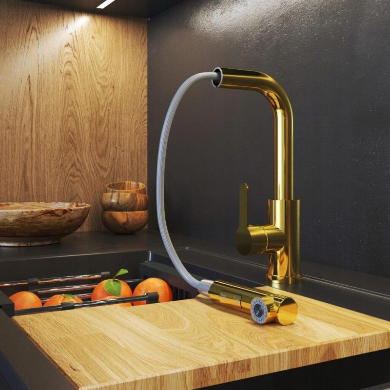 Graniteland Celeste keukenkraan goud met uittrekbare uitloop en dubbele functie handdouche 1208970664