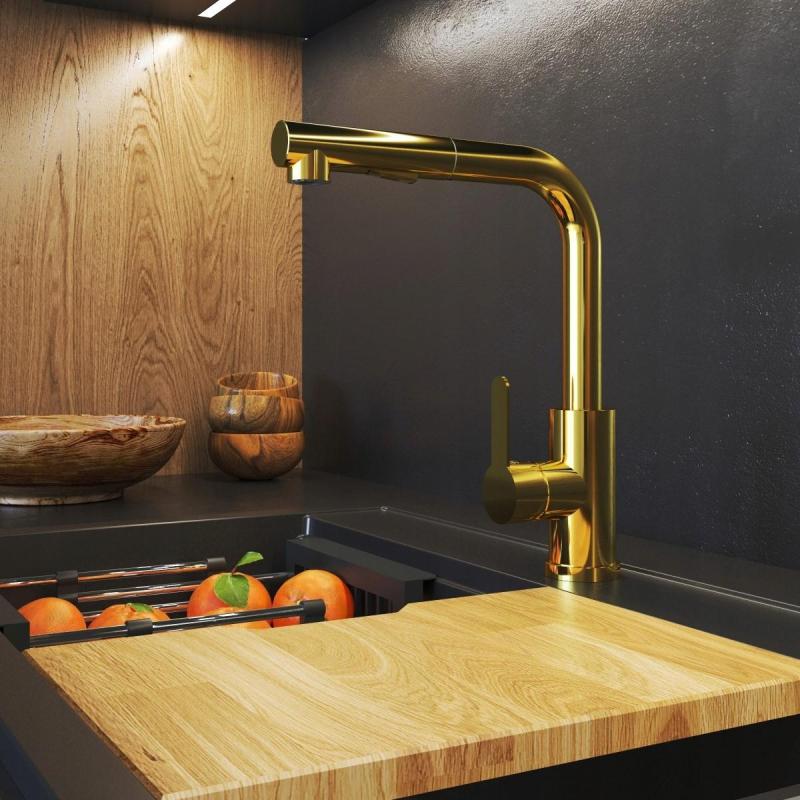 Graniteland Celeste keukenkraan goud met uittrekbare uitloop en dubbele functie handdouche 1208970664