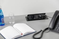 Pöytätyöpöydän jatkojohto SOFT 2x pistorasia maadoituksella, USB 2.1A, virtajohto pistokkeella, musta