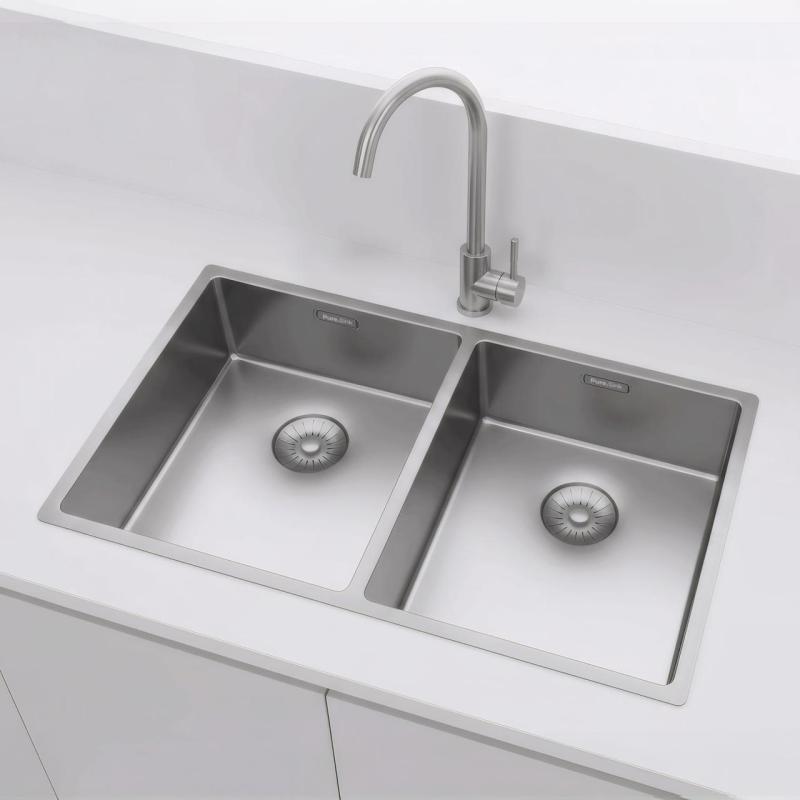 Pure.Sink Prestige Kaksoisruostumaton teräsaltaat 70x40 cm 10mm säde alapuolella, tasossa ja päälle PPG343440-02