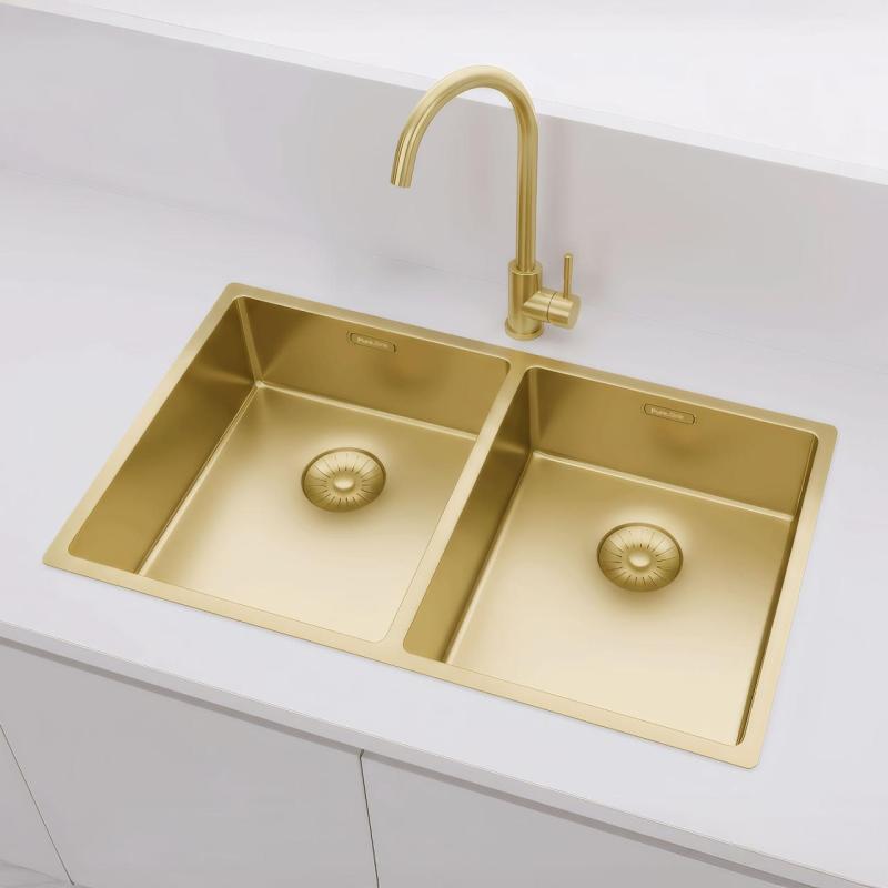 Pure.Sink Prestige Kaksinkertainen Kultainen tiskiallas 70x40 cm 10mm säde ala-asennus, tasotaso ja päälle asennus PPG343440-60