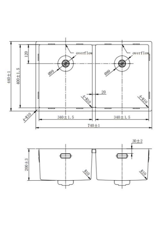 Pure.Sink Prestige Kaksinkertainen Kultainen tiskiallas 70x40 cm 10mm säde ala-asennus, tasotaso ja päälle asennus PPG343440-60