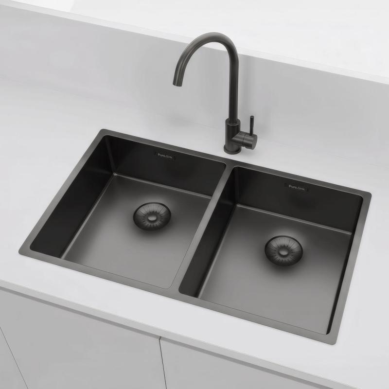 Pure.Sink Prestige Kaksinkertainen Gun metal -allas 70x40 cm 10mm säde alapuolella, tasorakentaminen ja päälle rakentaminen PPG343440-61