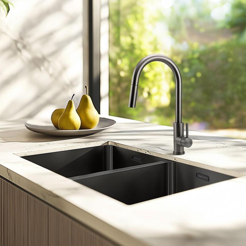 Pure.Sink Prestige Kaksinkertainen Gun metal -allas 70x40 cm 10mm säde alapuolella, tasorakentaminen ja päälle rakentaminen PPG343440-61