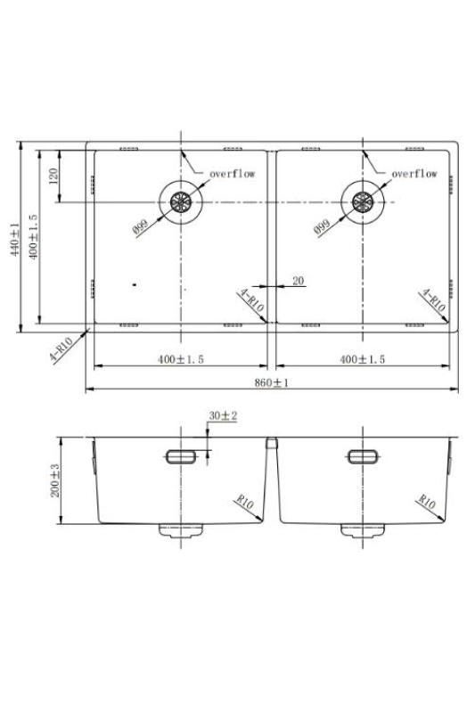 Pure.Sink Prestige Kaksoiskultainen tiskiallas 82x40 cm 10mm säde alapuolella, tasorakentaminen ja päälle rakentaminen PPG404040-60