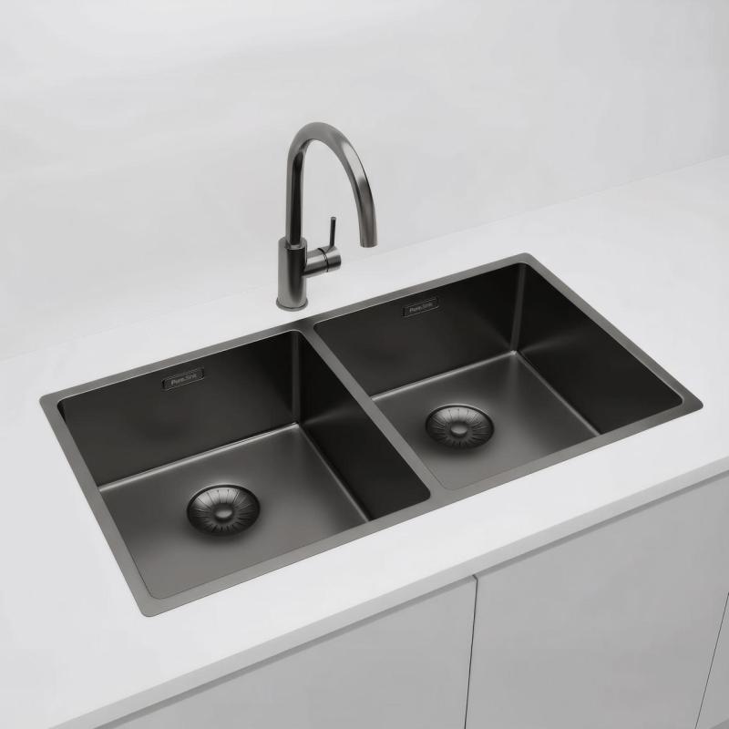 Pure.Sink Prestige Kaksois Gun metal -allas 82x40 cm 10mm säde ala-asennus, tasorakentaminen ja päälle asennus PPG404040-61