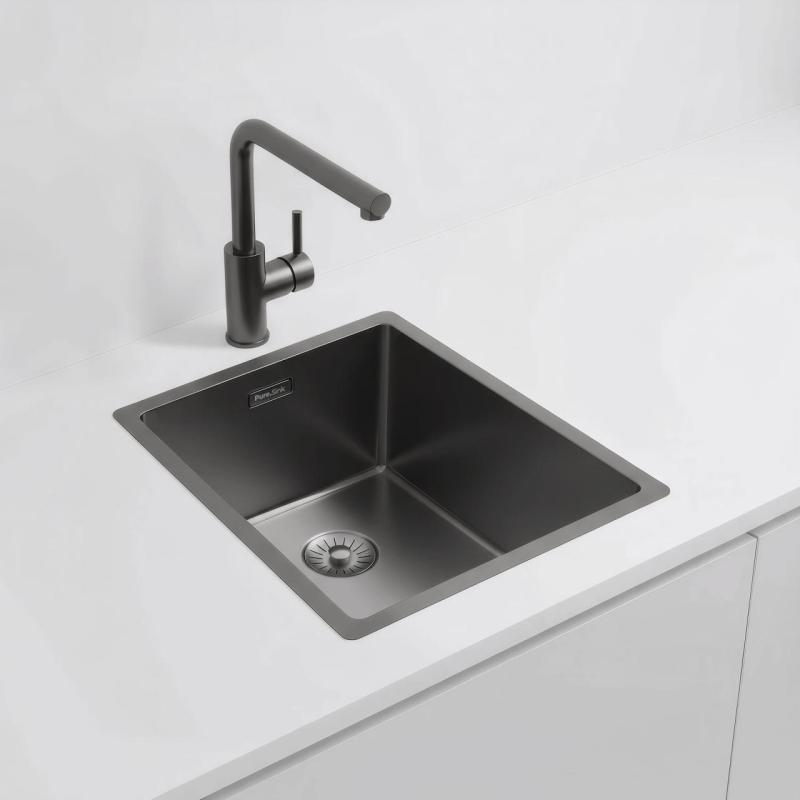 Pure.Sink Exclusivo Gun metal -pesuallas 34x40 cm, 10mm säde, alapuolinen, tasorakenteinen ja päälle asennettava PEX3440-61