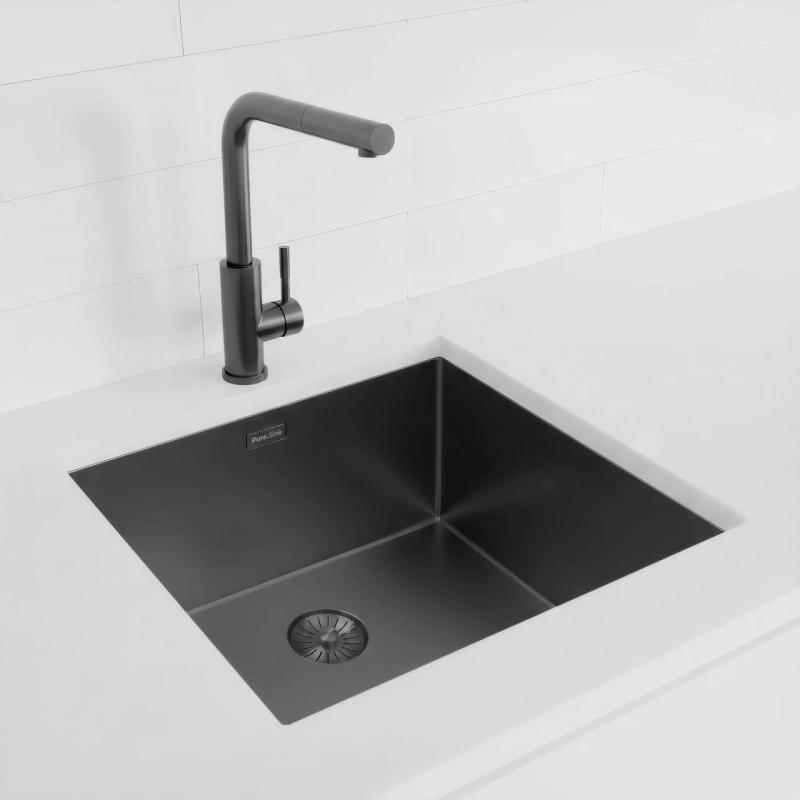 Pure.Sink Exclusivo Gun metal -pesuallas 45x40 cm 10mm säde alapuolella, tasorakentaminen ja päälle rakentaminen PEX4540-61