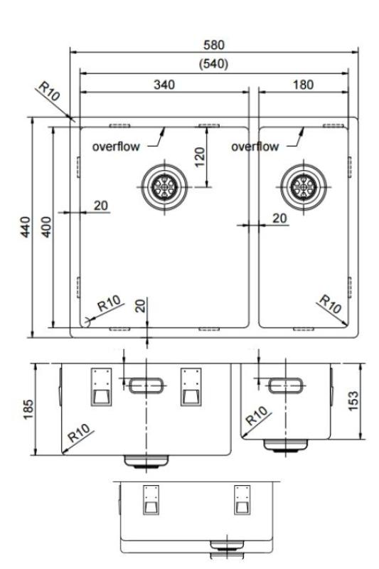 Pure.Sink Exclusivo Kultainen 1,5 puolikas pesuallas 34+18 cm 10mm säde PEX341840-60