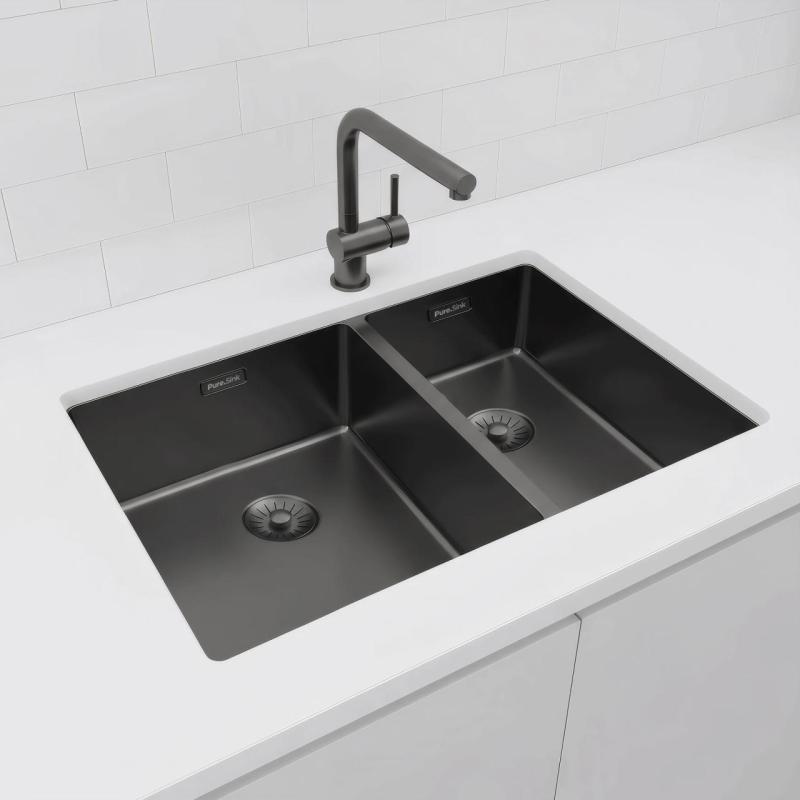 Pure.Sink Exclusivo Gun Metal 1,5 puolikas allas 34+18 cm 10mm säde PEX341840-61